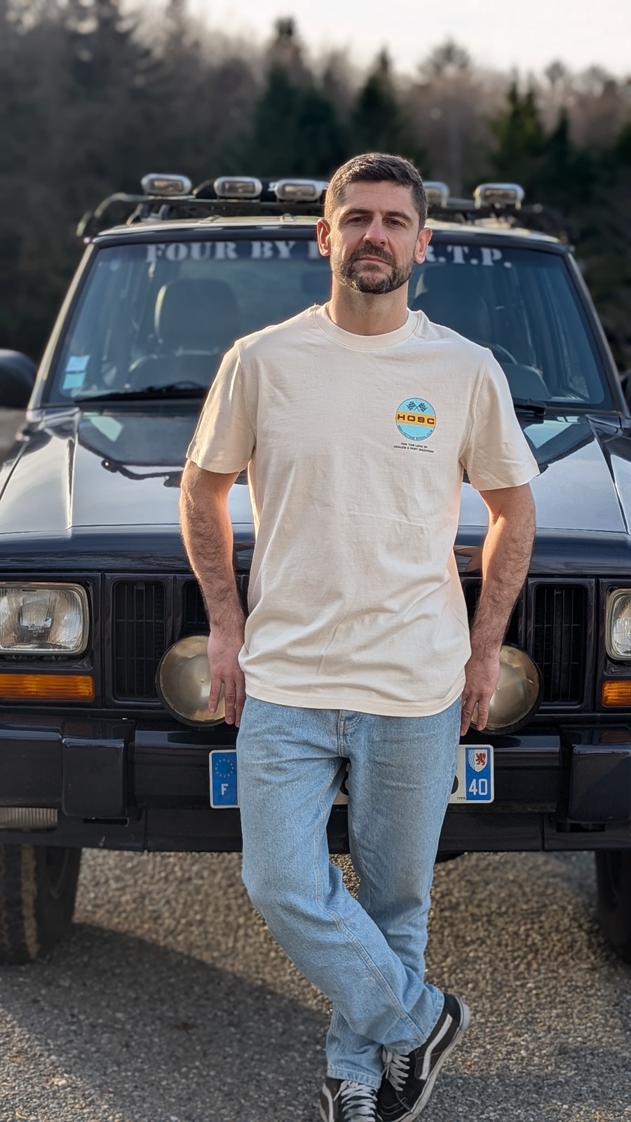 993 GT2 Tee worn in front of a Jeep Cherokee